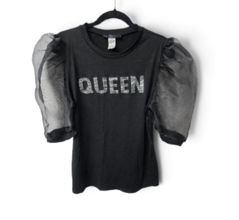 Touch Me Queen Rhinestone Top XL Black Sheer Mesh Puff Bubble Sleeve